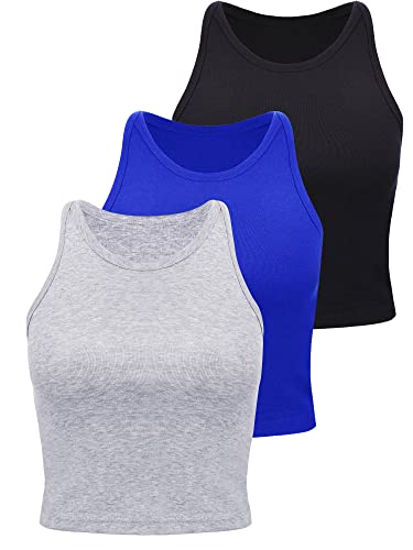 3 Stück Damen Baumwolle Basic Ärmellos Racerback Crop Tank Top Sport Crop Top für Damen Mädchen Tägliches Tragen, Schwarz, Königsblau, Hellgrau, Klein von Boao