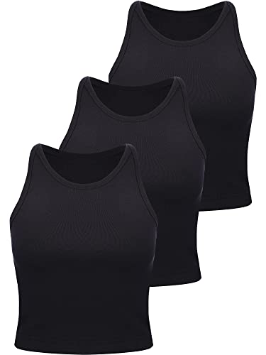 3 Stück Damen Baumwolle Basic Ärmellos Racerback Crop Tank Top Sport Crop Top für Damen Mädchen Tägliches Tragen, schwarz, Mittel von Boao