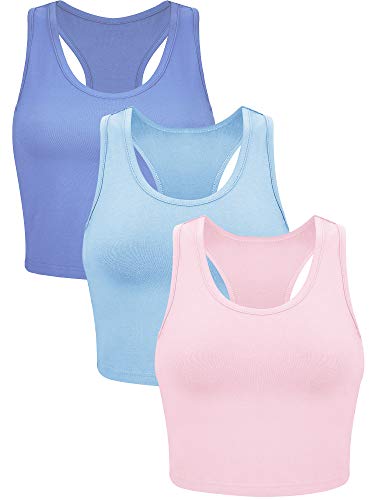 3 Stück Damen Baumwolle Basic Ärmellos Racerback Crop Tank Top Sport Crop Top für Tägliche Tragen (Hellblau, Dunkelblau, Pink, M) von Boao