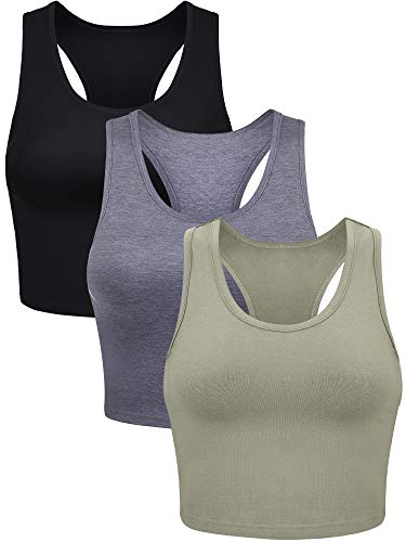 3 Stück Damen Baumwolle Basic Ärmellos Racerback Crop Tank Top Sport Crop Top für Tägliche Tragen (Schwarz, Dunkelgrau, Oliv, S) von Boao