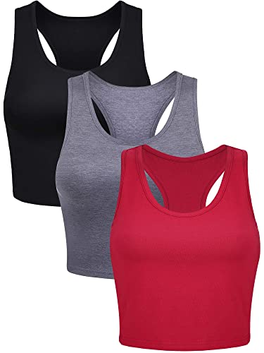 3 Stück Damen Baumwolle Basic Ärmellos Racerback Crop Tank Top Sport Crop Top für Tägliche Tragen (Schwarz, Dunkelgrau, Rot, L) von Boao