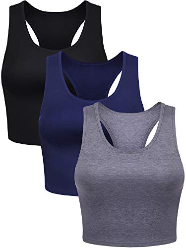 3 Stück Damen Baumwolle Basic Ärmellos Racerback Crop Tank Top Sport Crop Top für Tägliche Tragen (Schwarz, Marine, Grau, L) von Boao