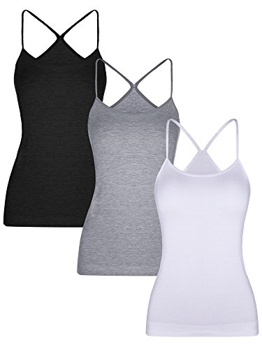 3 Stück Damen Leibchen Nahtlos Basic Strecken Cami mit Y-Back Spaghetti Riemen Tank Tops, 3 Farben (L Größe) von Boao