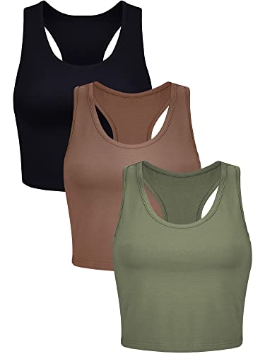 3 Stück Frauen Basic Ärmellos Racerback Crop Tank Top Kurz Sport Crop Top, Schwarz, Kaffee, Armeegrün, Groß von Boao