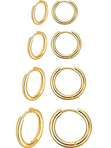 4 Paare Edelstahl Creolen Ohrringe Kleine Knorpel Hoop Ohrringe Nase Lippen Ringe für Männer und Damen (8 mm, 10 mm, 12 mm, 14 mm, Gold) von Boao