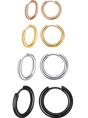 4 Paare Edelstahl Creolen Ohrringe Kleine Knorpel Hoop Ohrringe Nase Lippen Ringe für Männer und Damen (8 mm, 10 mm, 12 mm, 14 mm, Rose Gold, Gold, Stahl Farbe, Schwarz) von Boao