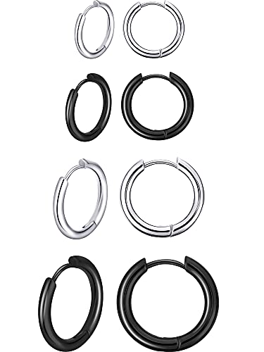 4 Paare Edelstahl Creolen Ohrringe Kleine Knorpel Hoop Ohrringe Nase Lippen Ringe für Männer und Damen (8 mm, 10 mm, 12 mm, 14 mm, Stahl Farbe, Schwarz) von Boao