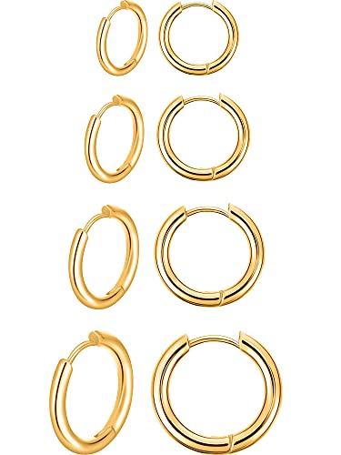 4 Paare Edelstahl Creolen Ohrringe Kleine Knorpel Hoop Ohrringe Nase Lippen Ringe für Männer und Damen (12 mm, 14 mm, 16 mm, 18 mm, Gold) von Boao