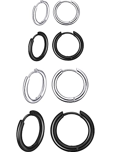 4 Paare Edelstahl Creolen Ohrringe Kleine Knorpel Hoop Ohrringe Nase Lippen Ringe für Männer und Damen (12 mm, 14 mm, 16 mm, 18 mm, Stahlfarbe, Schwarz) von Boao