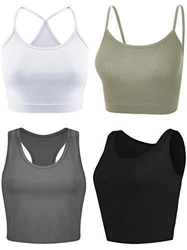 Boao bauchfreies Oberteil für Damen, Basic-Tops, Workout-Tops, Spaghettiträger-Tank-Tops, ärmellos, Racerback, Cami für Sport, Fitnessstudio, 4-teilig, Schwarz, Weiß, Grau, Olivgrün, Groß von Boao