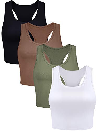 4 Stück Basic Crop Tank Tops Ärmelloses Racerback Crop Sport Baumwoll Top für Damen (Schwarz, Weiß, Armeegrün, Kaffee, M) von Boao