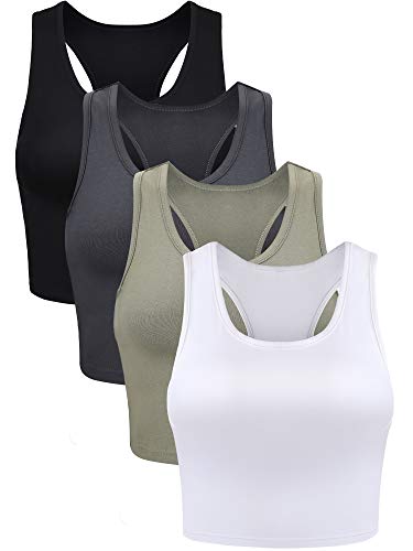 4 Stück Basic Crop Tank Tops Ärmelloses Racerback Crop Sport Baumwoll Top für Damen (Schwarz, Weiß, Grau, Olivgrün, Large) von Boao