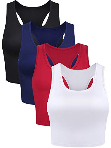 4 Stück Basic Crop Tank Tops Ärmelloses Racerback Crop Sport Baumwoll Top für Damen (Schwarz, Weiß, Weinrot, Marineblau, Large) von Boao