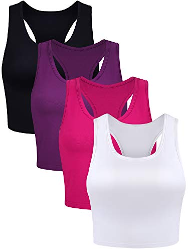 4 Stück Basic Crop Tank Tops Ärmelloses Racerback Crop Sport Baumwolle Top für Damen (Schwarz, Weiß, Rosenrot, Lila, L) von Boao