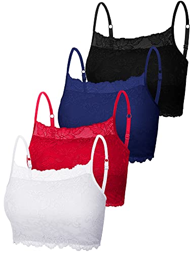 4 Stück Damen Spitze Cami Stretch Spitze Half Cami Atmungsaktiv Spitze Bralette Top für Frauen Mädchen, Schwarz, Hellrot, Marineblau, Weiß, Groß von Boao