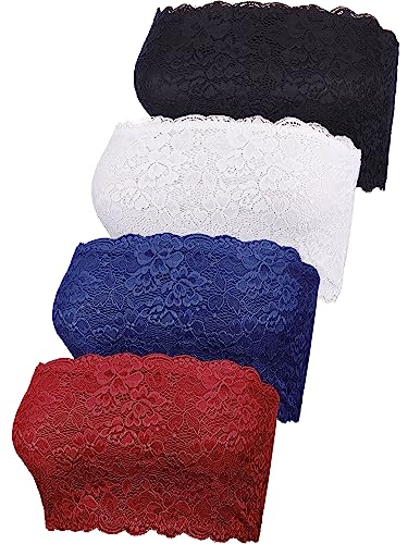 4 Stück Frauen Spitze Bandeau BH Tube Top BH Dehnbar Trägerlos Bandeau für den täglichen Gebrauch, Schwarz, Weiß, Marineblau, Weinrot, X-Groß von Boao