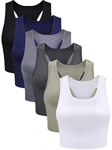 6 Stücke Basic Crop Tank Tops (Schwarz, Weiß, Dunkelgrau, Marine, Grau, Oliv, L) von Boao