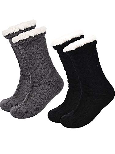 Boao 2 Paar Damen Warme Pantoffel Socken Weihnachten Fuzzy Socken Fleece-gefütterte Rutschfeste Pantoffel Socken (Schwarz und Grau) von Boao