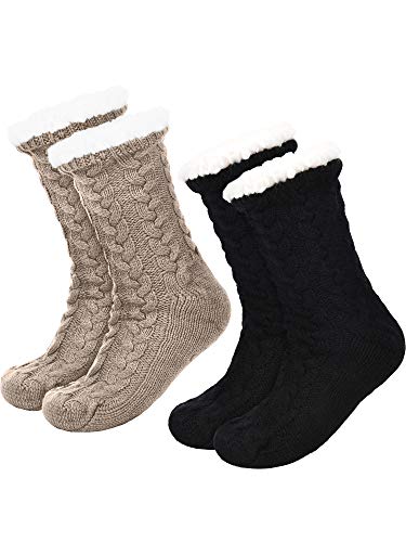 Boao 2 Paar Damen Warme Pantoffel Socken Weihnachten Fuzzy Socken Fleece-gefütterte Rutschfeste Pantoffel Socken (Schwarz und Kaffee) von Boao