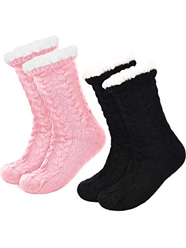 Boao 2 Paar Damen Warme Pantoffel Socken Weihnachten Fuzzy Socken Fleece-gefütterte Rutschfeste Pantoffel Socken (Schwarz und Rosa) von Boao