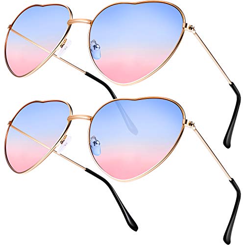 Boao 2 Paar Hippie-Brillen, herzförmige Sonnenbrillen für Hippie-Kostüme, roségoldener Rahmen, Gläser mit Farbverlauf von Blau zu Rosa von Boao