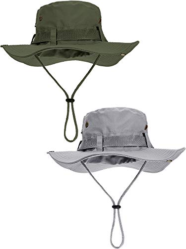 Boao 2 Stück Baumwolle Safari Hut Breite Krempe Fischerhut Faltbarer Boonie Hut Doppelseitiger Outdoor Sonnenhut für Männer und Frauen, Arm grün, hellgrau, MEDIUM von Boao