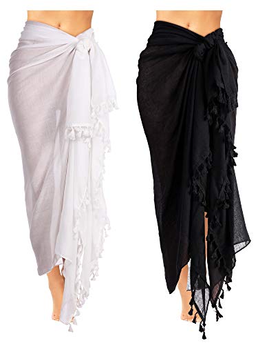 Boao 2 Stück Damen Strand Lang Sarong Badeanzug mit Quaste (Schwarz, Weiß, XL) von Boao