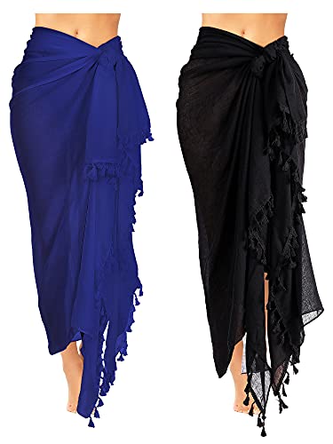 Boao 2 Stück Damen Strand Lang Sarong Badeanzug mit Quaste (Schwarz, Königsblau, XL) von Boao