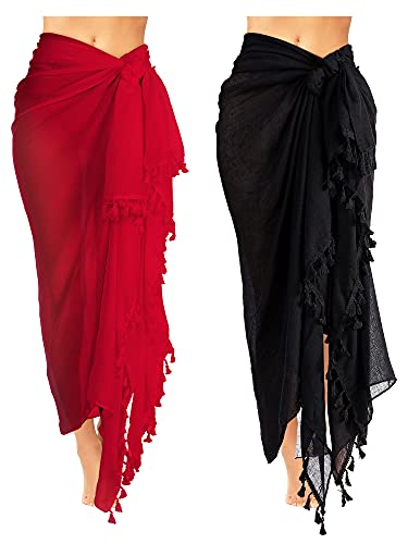 Boao 2 Stück Damen Strand Lang Sarong Badeanzug mit Quaste (Schwarz, Rot, XL) von Boao