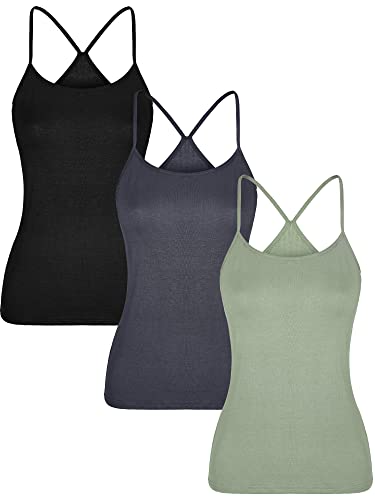 Boao 3-teiliges Damen-Camisole Basic Stretch Cami mit Y-Rücken Spaghettiträgern Tank Tops, 3 Farben, Schwarz, Dunkelgrün, Grau, Groß von Boao