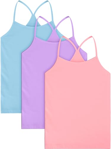 Boao 3 Stück Mädchen Tanz-Tanktops Racerback Camisole Unterhemden Spaghettiträger Camis Tanzkleidung Tank Tops für Mädchen, Blau, Lila, Rosa, 7-8 Jahre von Boao