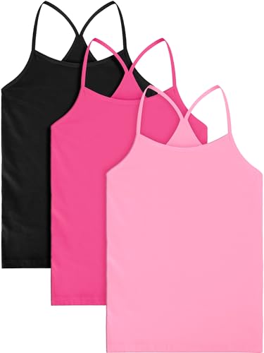 Boao 3 Stück Mädchen Tanz-Tanktops Racerback Camisole Unterhemden Spaghettiträger Camis Tanzkleidung Tank Tops für Mädchen, Schwarz, Rosenrot, Rosa, 9-10 Jahre von Boao