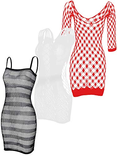 Boao 3 Stück Netz Dessous Hohle Nachtwäsche Kleid für Damen Gefallen (Schwarz, Weiß, Rot) von Boao