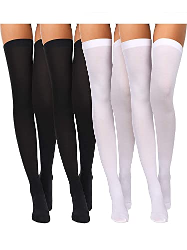 Boao 4 Paar Damen Seide Oberschenkel Hohe Strümpfe Nylon Socken für Frauen Halloween Cosplay Kostüm Party Strumpfhosen Zubehör, schwarz, weiß, Small von Boao