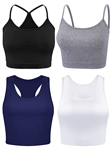 Boao 4 Stück Crop Tops für Frauen, Basic Workout Tops Spaghetti Strap Tank Tops Ärmellos Racerback Cami für Sport Fitnessstudio, Black, White, Dark Gray, Navy, Groß von Boao