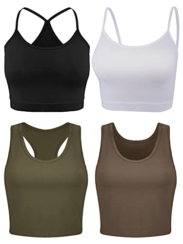 Boao bauchfreies Oberteil für Damen, Basic-Tops, Workout-Tops, Spaghettiträger-Tank-Tops, ärmellos, Racerback, Cami für Sport, Fitnessstudio, 4-teilig, Schwarz, Weiß, Armeegrün, Kaffee, Groß von Boao