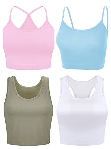 Boao 4 Stück Crop Tops für Frauen, Basic Workout Tops Spaghetti Strap Tank Tops Ärmellos Racerback Cami für Sport Fitnessstudio, Weiß, Mintblau, Olivgrün, Rosa, Groß von Boao