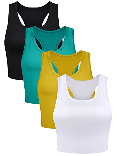 Boao 4 Stück Basic Crop Tank Tops Ärmellos Racerback Crop Sport Top für Damen, Black, White, Bright Yellow, Green, Mittel von Boao