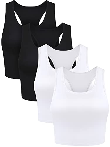 Boao 4 Stück Basic Crop Tank Tops Ärmellos Racerback Crop Sport Top für Damen, Black, White, Klein von Boao