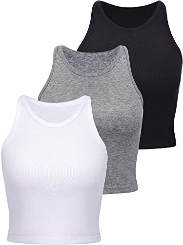 3 Stück Damen Baumwolle Basic Crop Tops Racerback Crop Tank Top (Schwarz, Weiß, Hellgrau, M) von Boao