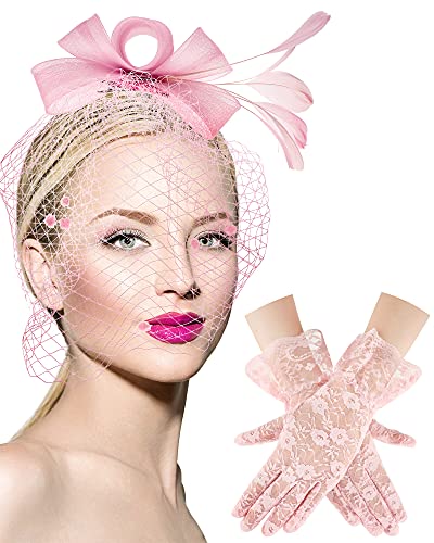 Boao Fascinator mit Schleife, Teeparty-Hut, Federn, Schleier, Netz-Stirnband und Kurze Spitzenhandschuhe, Florale Spitzenhandschuhe, Pink, Medium von Boao