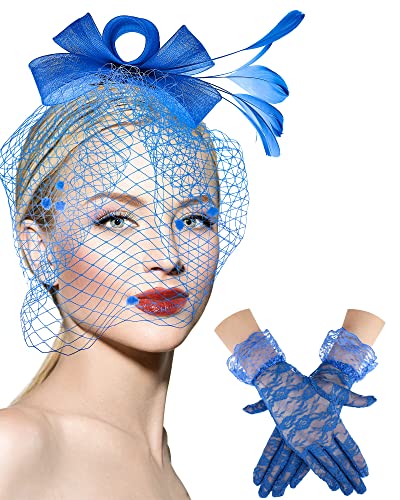 Boao Fascinator mit Schleife, Teeparty-Hut, Federn, Schleier, Netz-Stirnband und kurze Spitzenhandschuhe, florale Spitzenhandschuhe, Königsblau, Medium von Boao