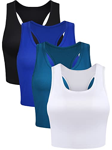 Boao 4 Stück Basic Crop Tank Tops Ärmellos Racerback Crop Sport Top für Damen, Schwarz, Weiß, Pfauenblau, Königsblau, Klein von Boao