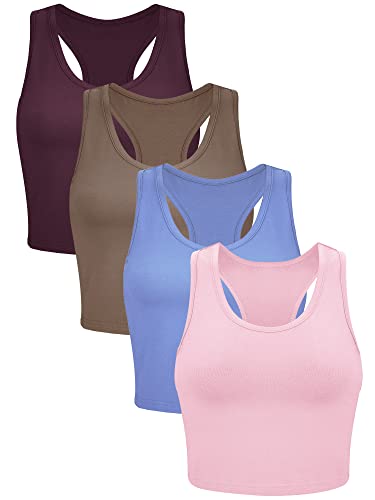 Boao 4 Stück Basic Crop Tank Tops Ärmellos Racerback Crop Sport Top für Damen, Leder Pink, Kaffee, Gelassenheit, Dunkelrot, Mittel von Boao