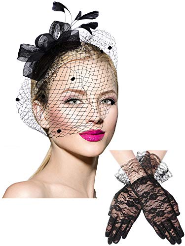 Bowknot Faszinator Hut Gefieder Schleier Mesh Stirnband und Kurze Spitzen Handschuhe Blumen Spitzen Handschuhe (Schwarz) von Boao