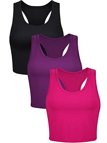 3 Stück Crop Tops für Frauen, Workout Tops Basic Cropped Tank Tops Ärmellos Racerback Sport Fitnessstudio Crop Tank für Teenager Mädchen, Schwarz, Lila, Rosarot, Groß von Boao