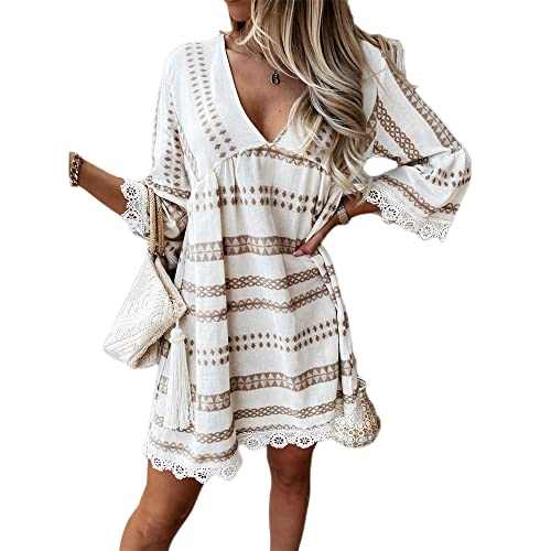 Boapond Damen Kleider Strandkleid Lockeres Boho Kleider Sommerkleider Mini Kleider Blumenkleid Tunika T-Shirt Kleid Swing Kleider von Boapond