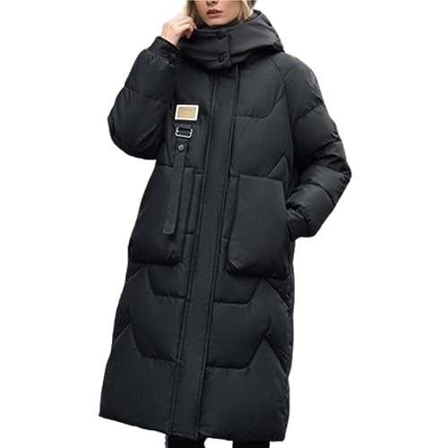 Boapond Damen Wintermantel Schwarz 3XL Elegant Lang mit Kapuze Trench Coat Locker Schnitt Knielang Multifunktionale Taschen Thermisch isolierend Formal Kalt von Boapond