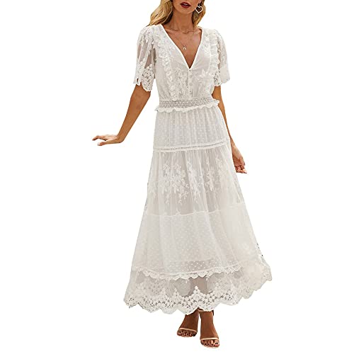 Boapond Damen Sommerkleid V-Ausschnitt Retro Sommer Spitzen Strandkleid Maxi Kleider Ärmellos Kleider Damen Knielang Boho Elegant Casual A-Linie Kleid Lose von Boapond