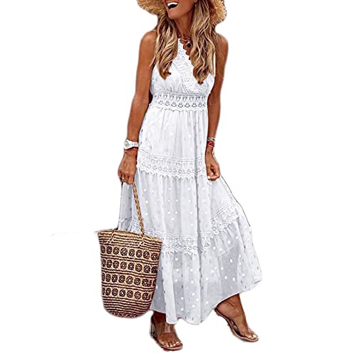 Boapond Damen Sommerkleid V-Ausschnitt Retro Sommer Spitzen Strandkleid Maxi Kleider Ärmellos Kleider Damen Knielang Boho Elegant Casual A-Linie Kleid Lose von Boapond